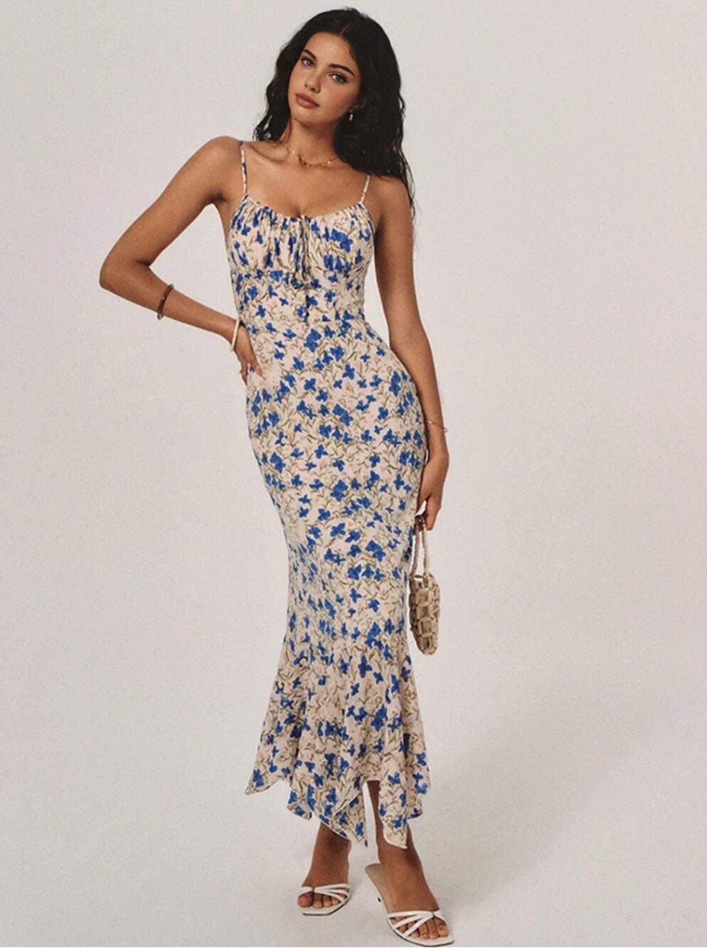 Blue Floral Maxi Dress Ruffle Hem XL US 12 Commense NWT - Mediterranean Coastal